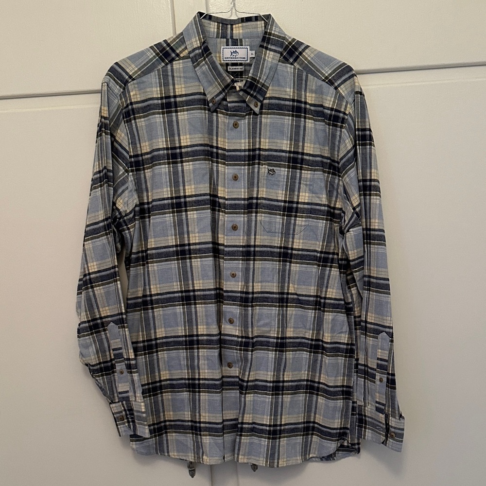 NEW Southern Tide Flannel Men's Navy Yellow Cream Plaid Shirt
